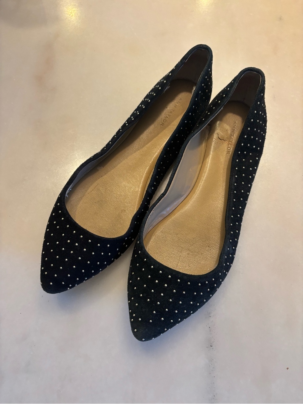 Ann Taylor Black Suede Pointed-Toe Flats with Metallic Studs